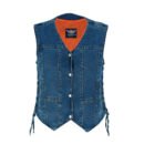 Women wearing a blue utility vest denim with multiple functional front pockets and reinforced stitching.