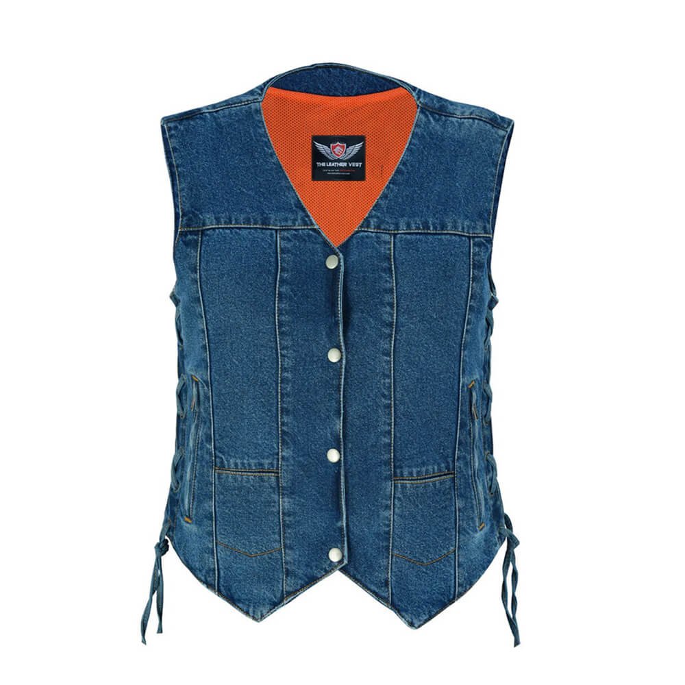 Women wearing a blue utility vest denim with multiple functional front pockets and reinforced stitching.