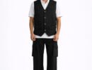Black denim motorcycle club vest featuring leather side laces, button-front closure, and front pleating.