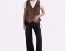 Women’s brown leather motorcycle vest with diamond quilted yokes and dual concealed carry internal pockets